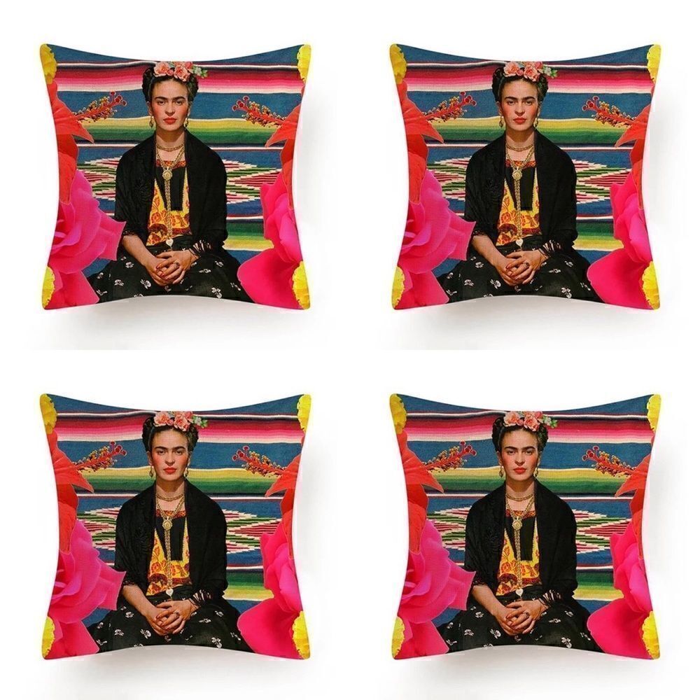Set of 4 Frida Kahlo Self Portrait, Outdoor Pillow Cover 18x18 Aztec Hibiscus